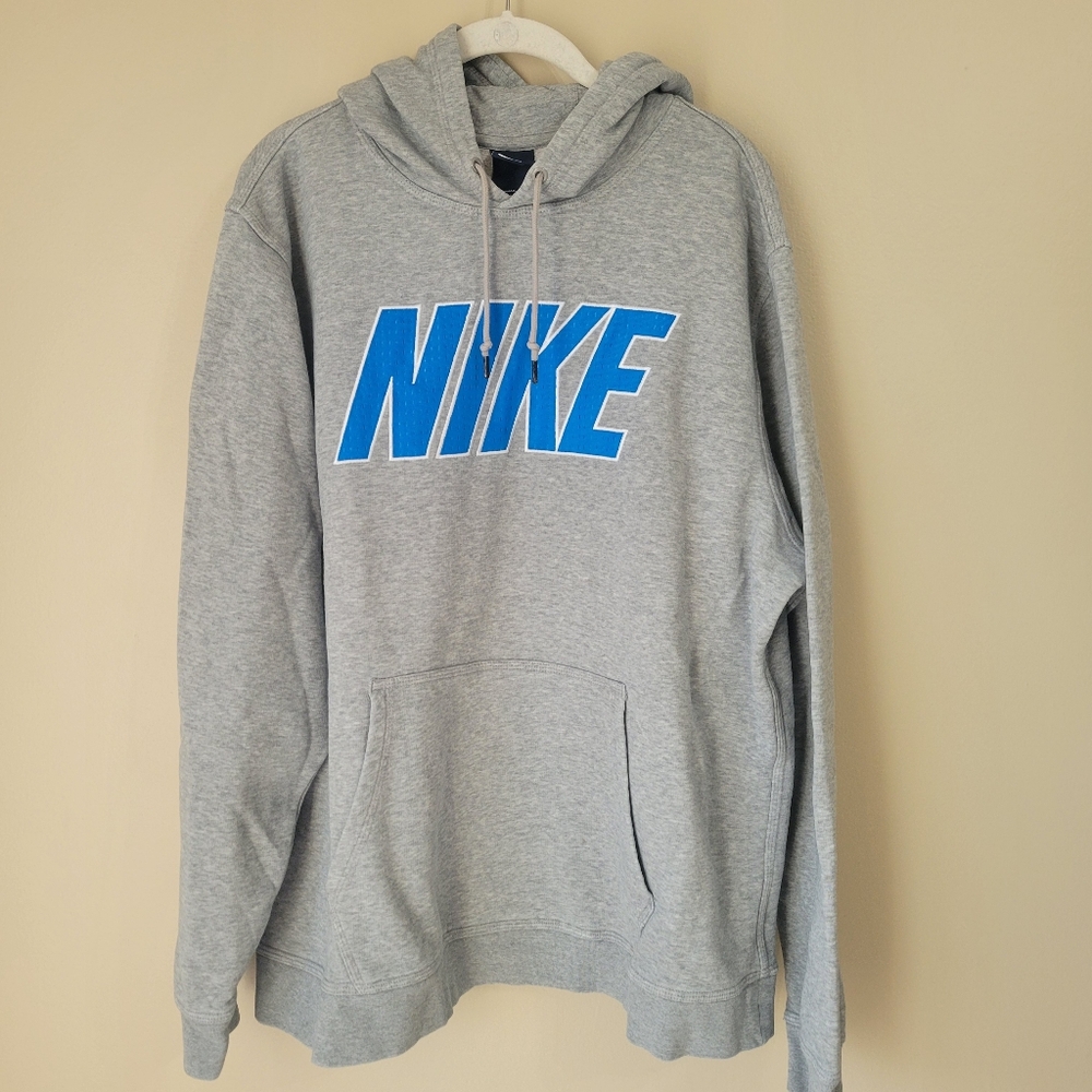 Nike Gray Hoodie Sweatshirt with Bright Blue Nike Chest Logo Size XXL